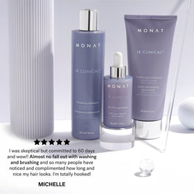 MONAT IR Clinical lifestyle shot on vanity conveying daily routine and salon-quality results