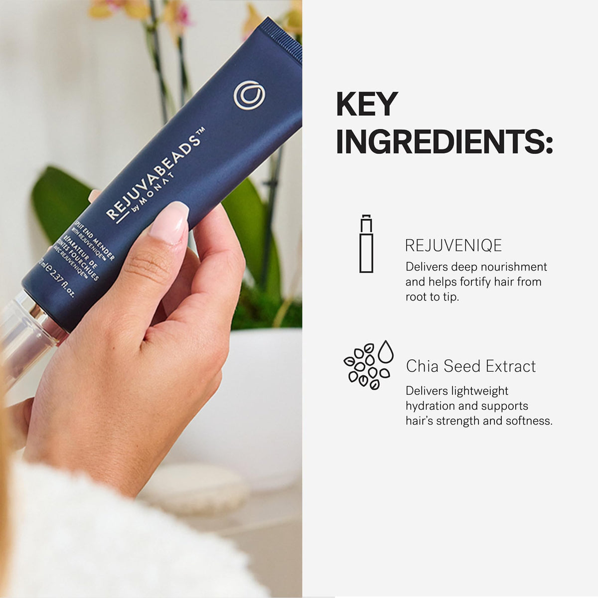 MONAT bottle next to hand for size comparison and travel-friendly benefit