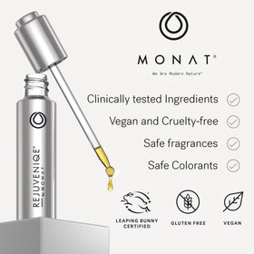 MONAT oil on bathroom shelf in lifestyle scene showing daily routine enhancement benefit