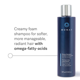 MONAT Renew Shampoo pump and label closeup highlighting product name and formula