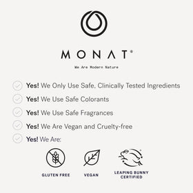 MONAT bottle on bathroom shelf suggesting daily styling routine