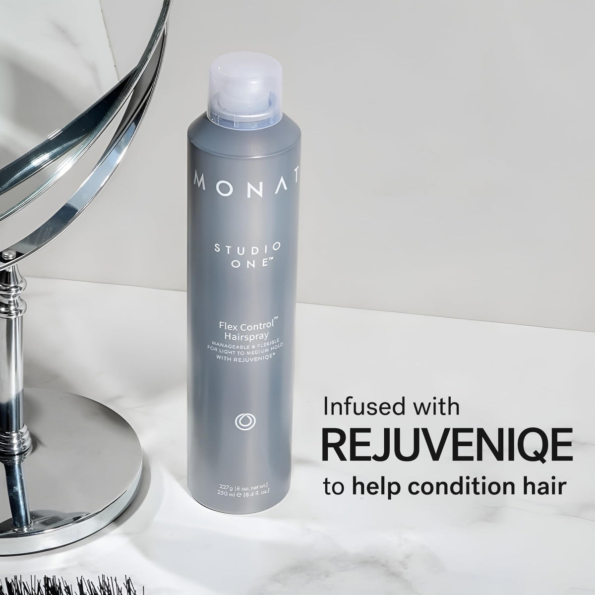 MONAT mist spraying midair demonstrating lightweight, buildable hold
