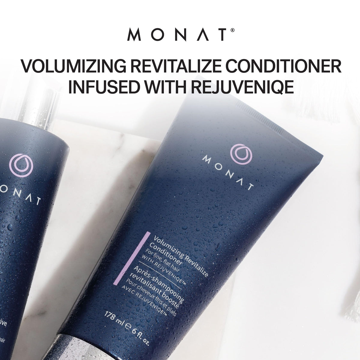 MONAT bottle in hand showing 178 ml scale and travel-friendly convenience