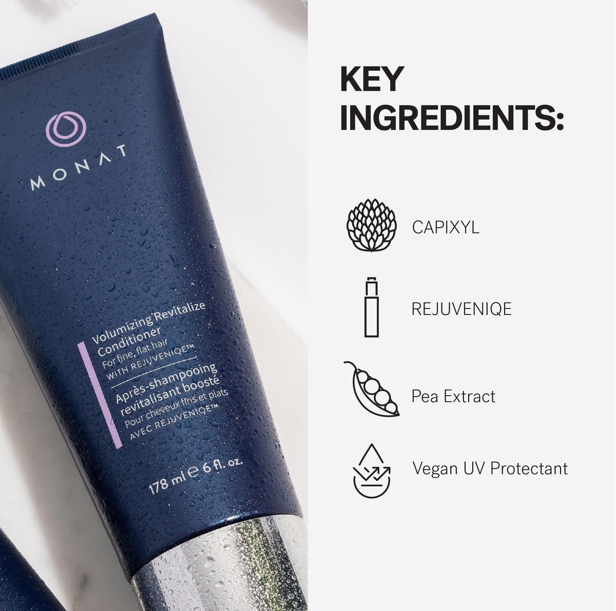 MONAT packaging on shelf emphasizing vegan, sulfate-free clean-beauty benefit