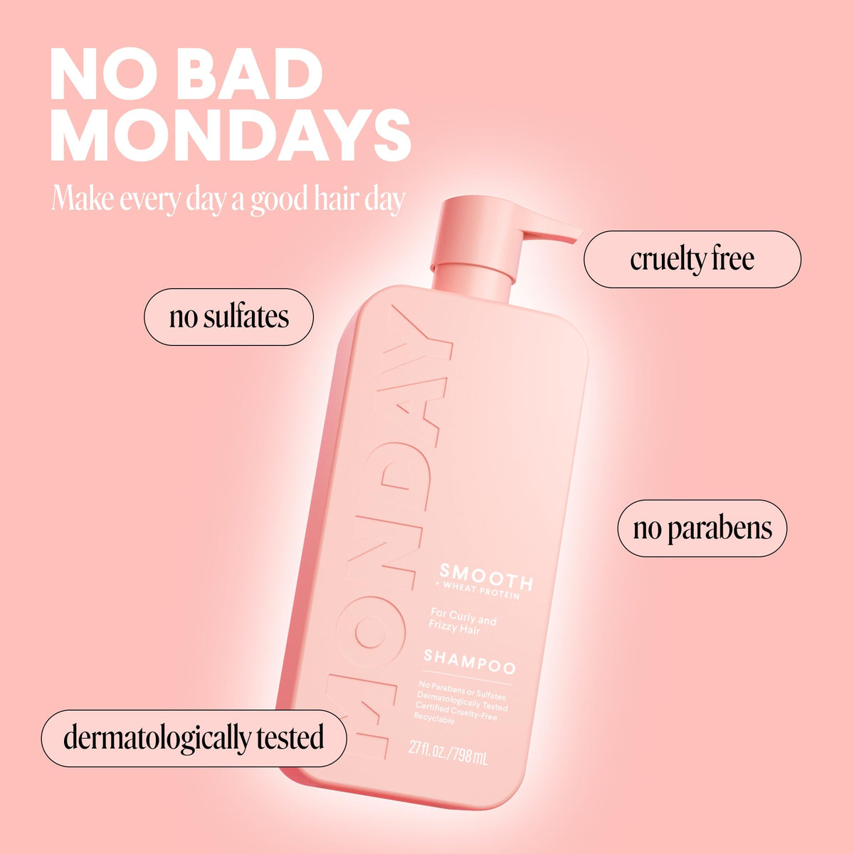 MONDAY HAIRCARE bottle in hand for scale showing large 798 mL size benefit