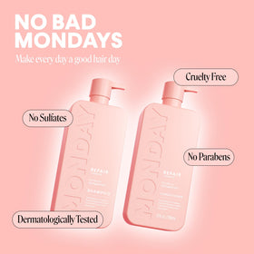 MONDAY HAIRCARE bottles on shower shelf suggesting daily routine convenience