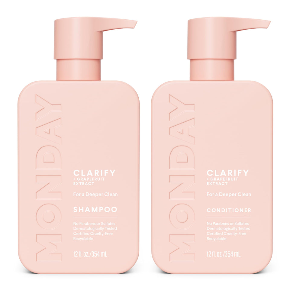 MONDAY HAIRCARE front packaging showing clarifying shampoo and conditioner benefits