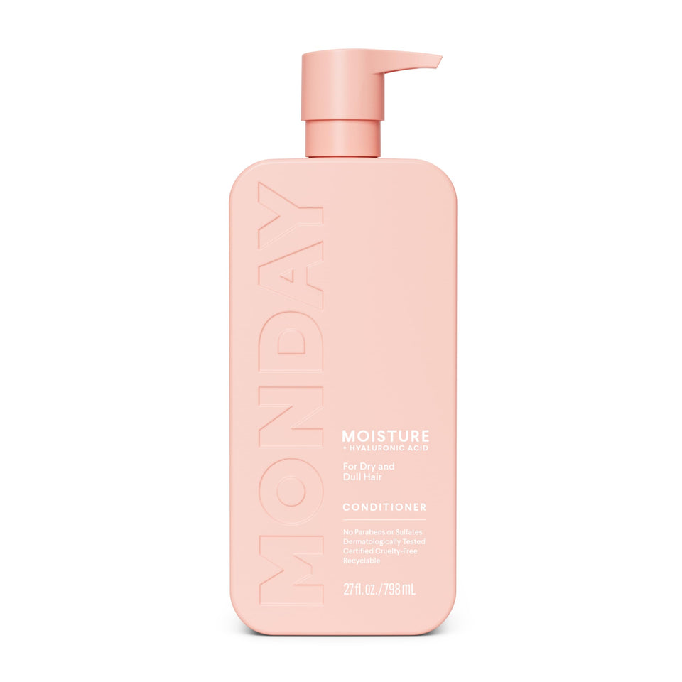 MONDAY HAIRCARE bottle front view showing product benefits and sleek design