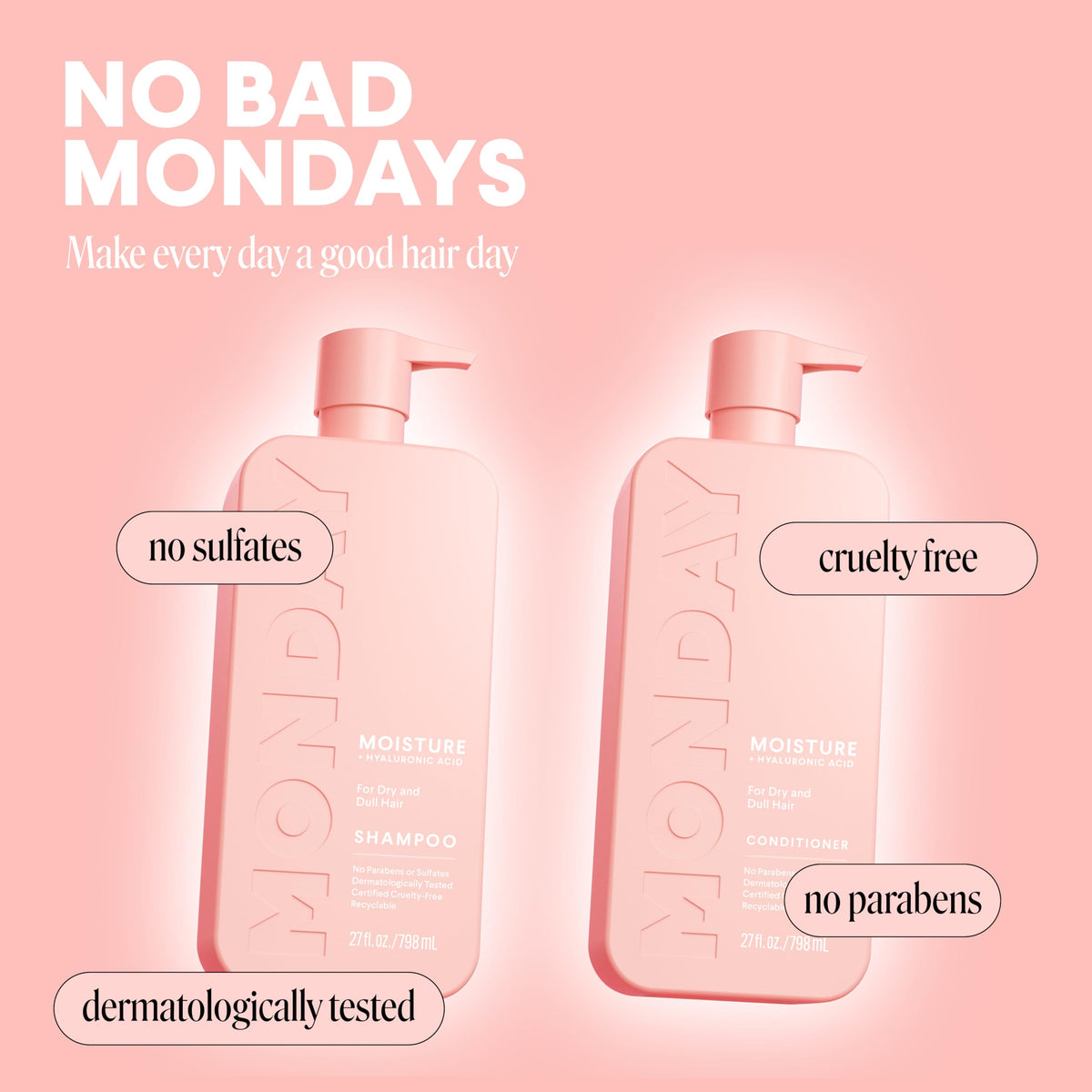 MONDAY HAIRCARE bottles staged in shower showing everyday moisture routine benefit