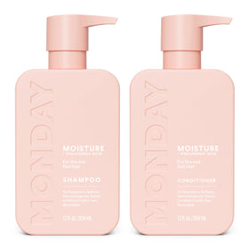 MONDAY HAIRCARE front packaging showing hydrating shampoo and conditioner benefits