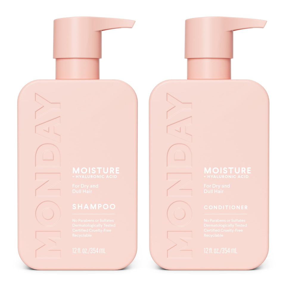 MONDAY HAIRCARE front packaging showing hydrating shampoo and conditioner benefits