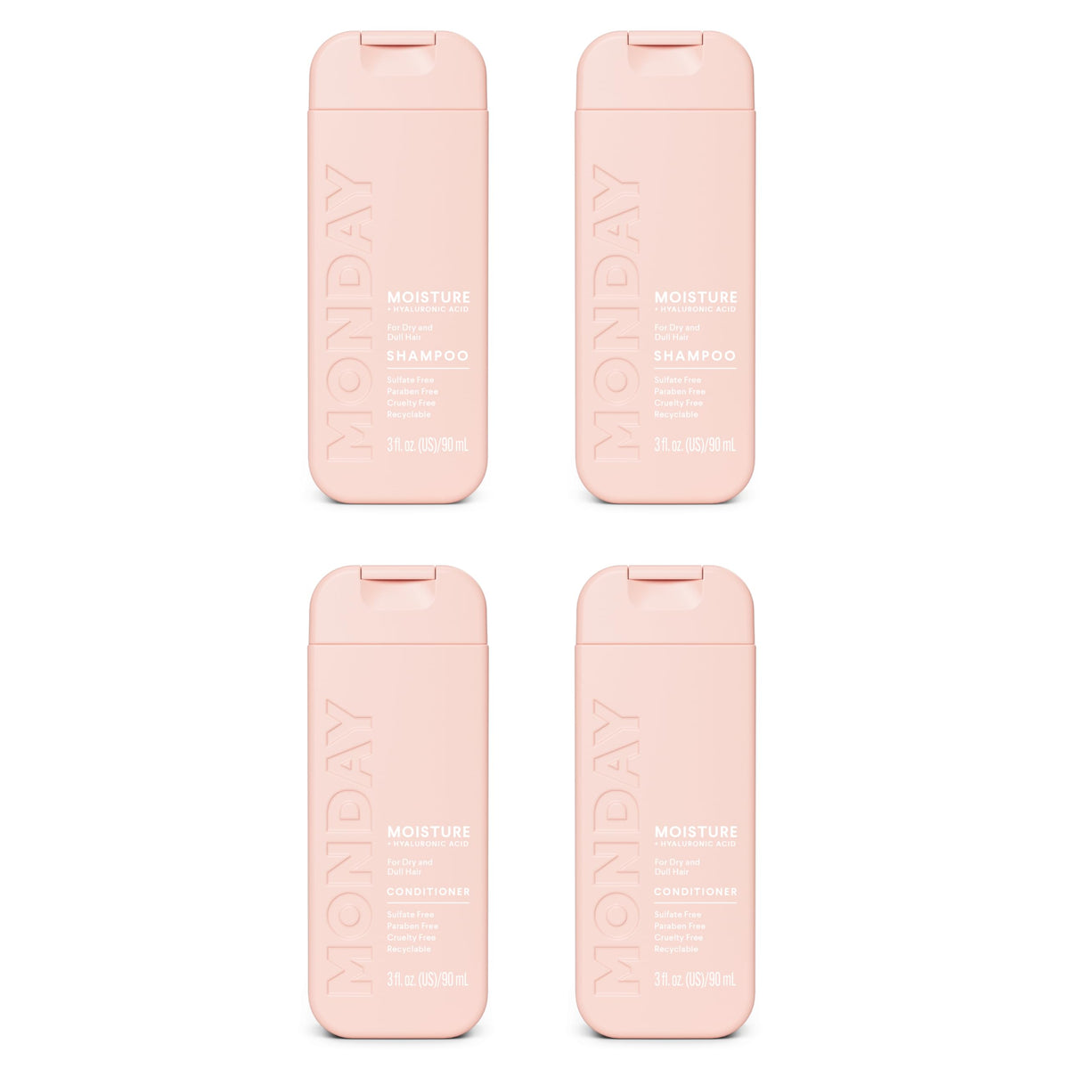 MONDAY HAIRCARE moisture duo front packaging showing 90 mL bottles and benefits