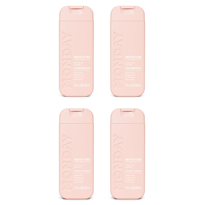 MONDAY HAIRCARE moisture duo front packaging showing 90 mL bottles and benefits
