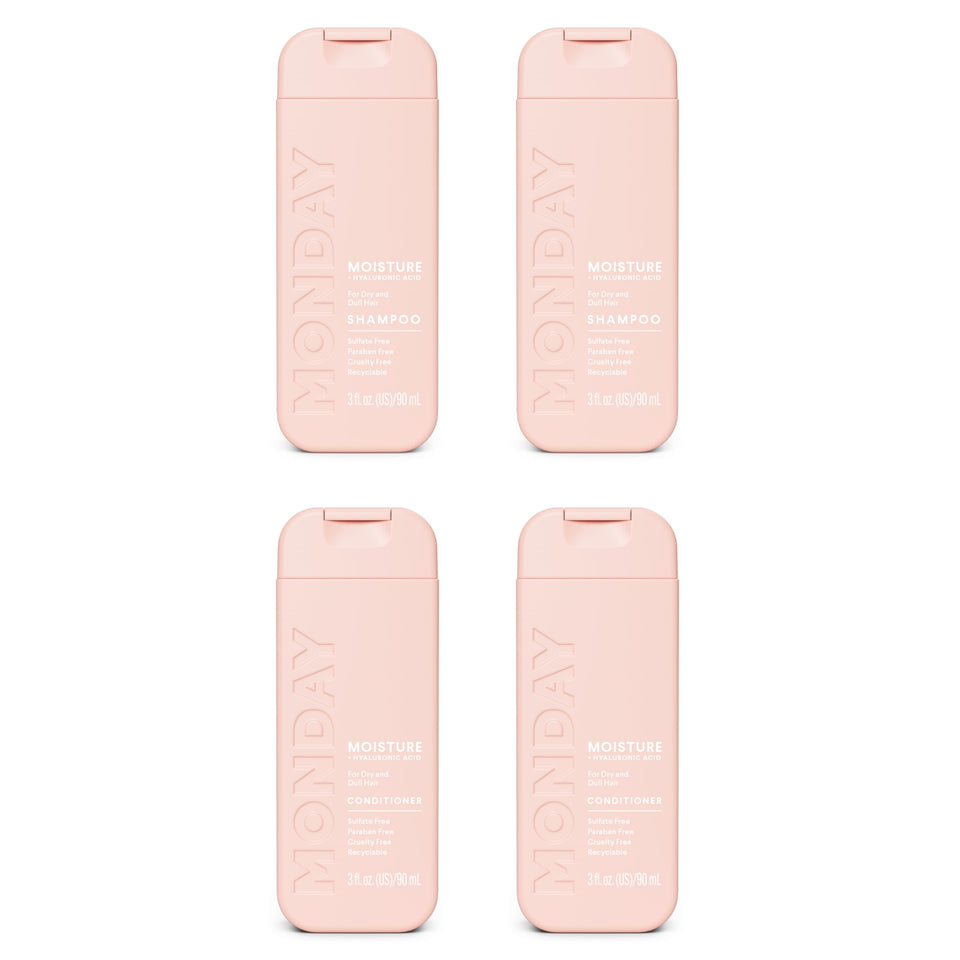 MONDAY HAIRCARE moisture duo front packaging showing 90 mL bottles and benefits
