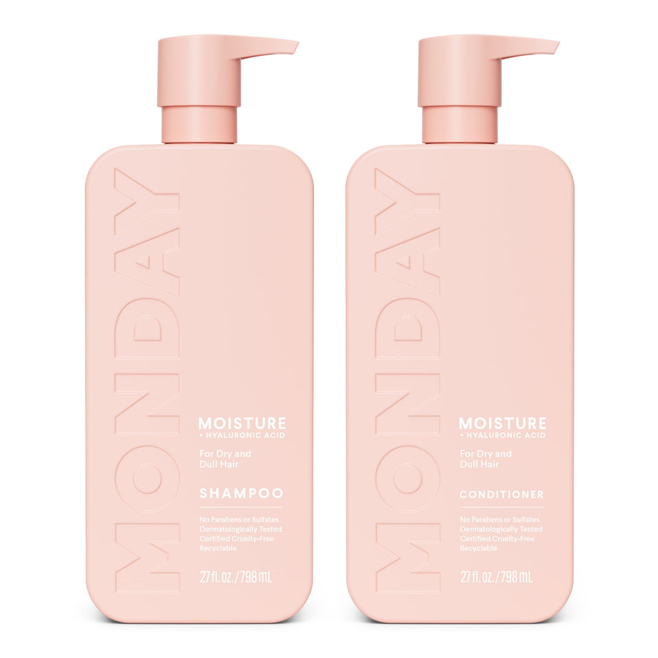 MONDAY HAIRCARE front packaging showing hydrating shampoo and conditioner benefits