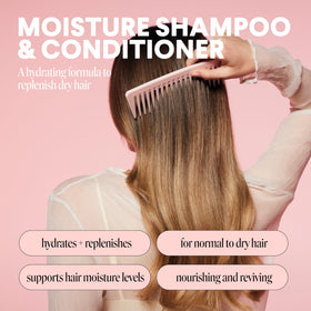MONDAY HAIRCARE closeup label highlighting hyaluronic acid and shea butter benefits