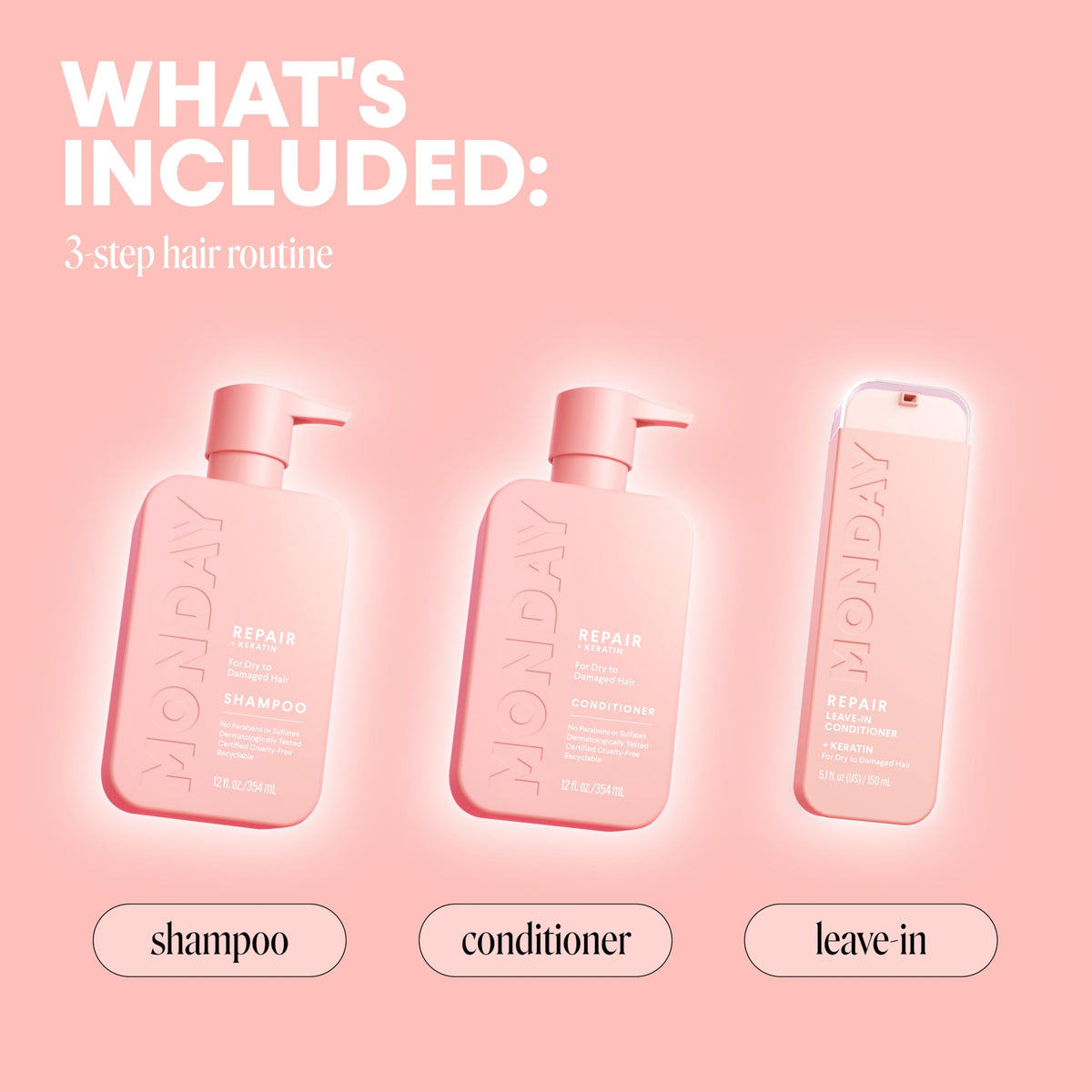 MONDAY Haircare product lineup on bathroom shelf showing daily routine convenience benefit