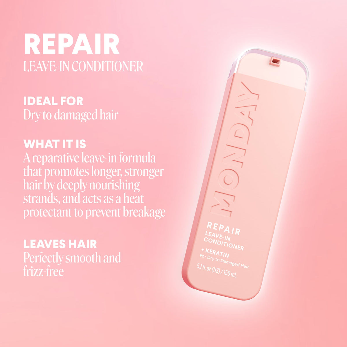 MONDAY HAIRCARE pump close-up showing creamy texture and quick-absorb benefit for smoother application