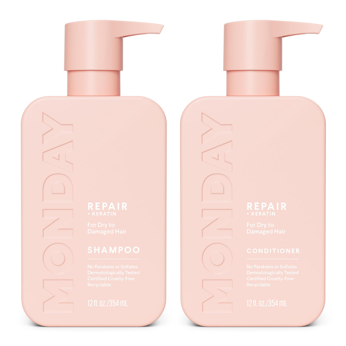 MONDAY HAIRCARE front packaging showing repair shampoo and conditioner benefits