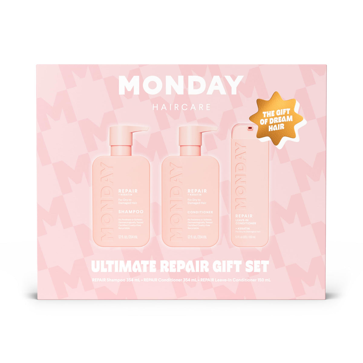 MONDAY Haircare front packaging showing complete repair gift set benefit: complete routine