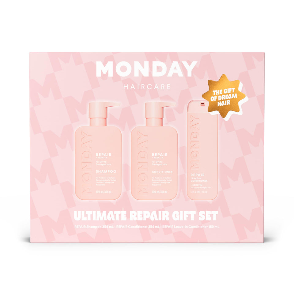 MONDAY Haircare front packaging showing complete repair gift set benefit: complete routine