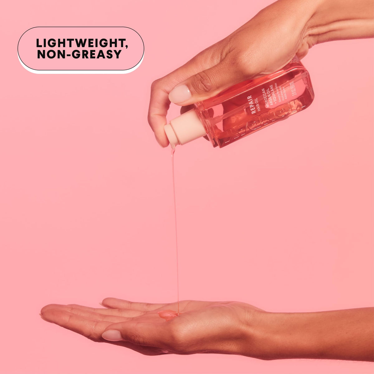 MONDAY HAIRCARE oil texture on palm demonstrating lightweight absorption benefit
