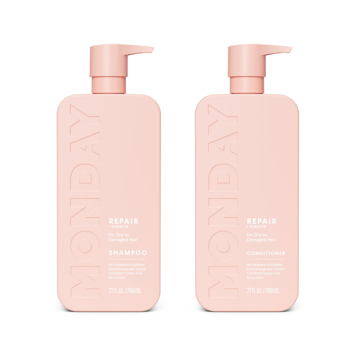 MONDAY HAIRCARE front packaging showing Repair shampoo and conditioner benefits