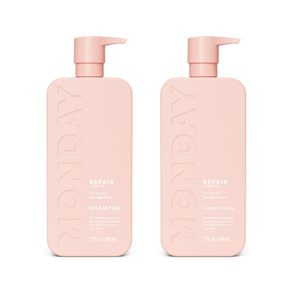 MONDAY HAIRCARE front packaging showing Repair shampoo and conditioner benefits