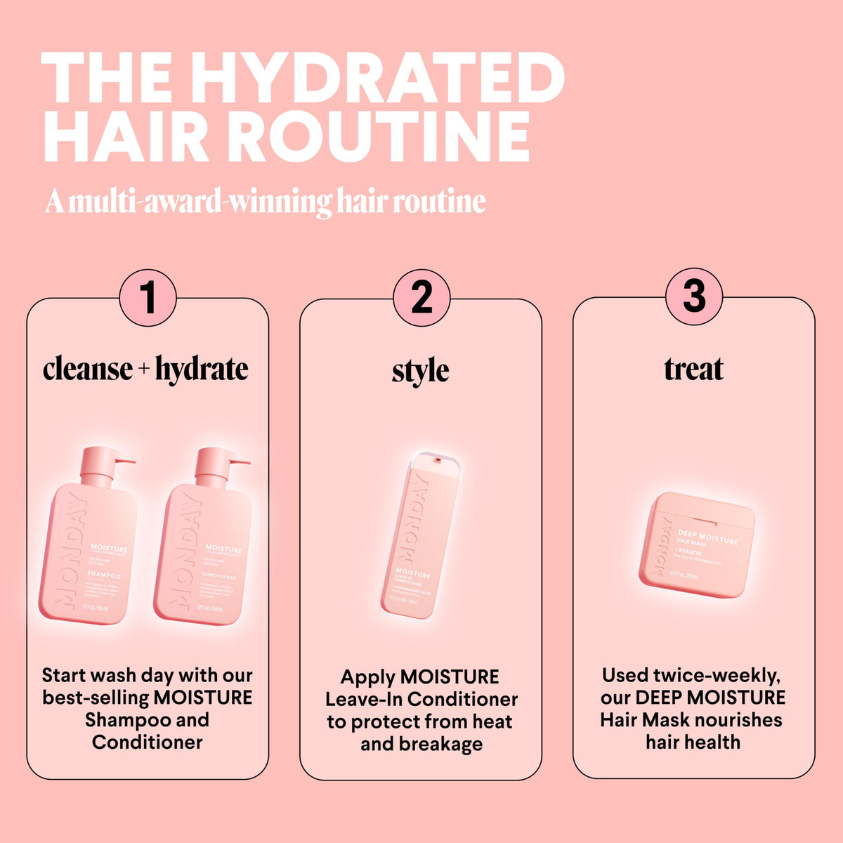 MONDAY HAIRCARE bottles held in hand showing 12 fl oz scale and travel-friendly size