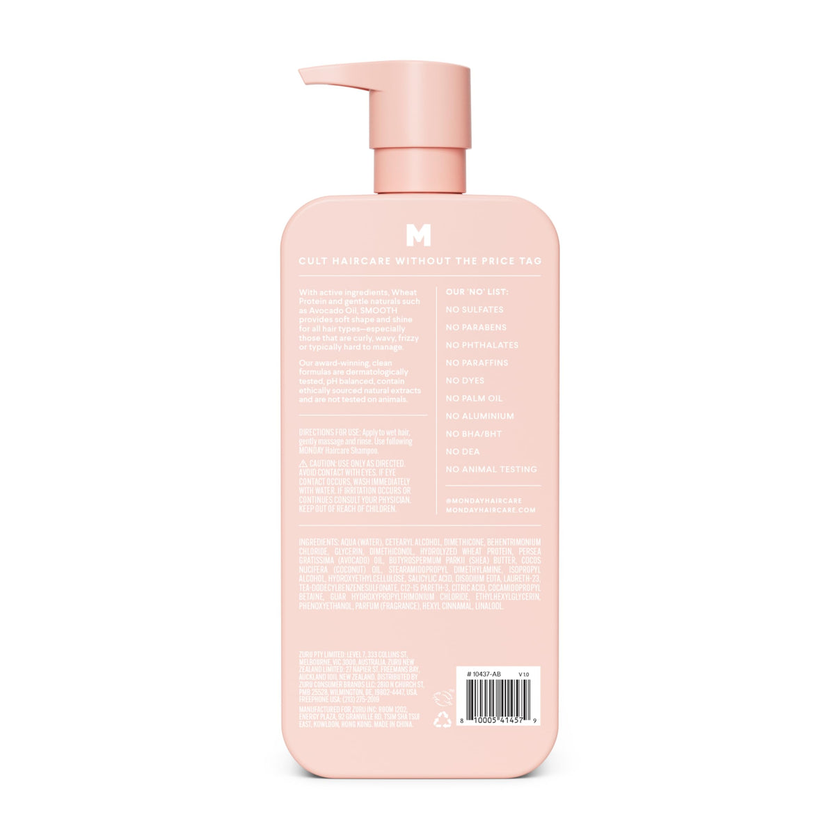 MONDAY HAIRCARE back label close-up listing ingredients and instructions