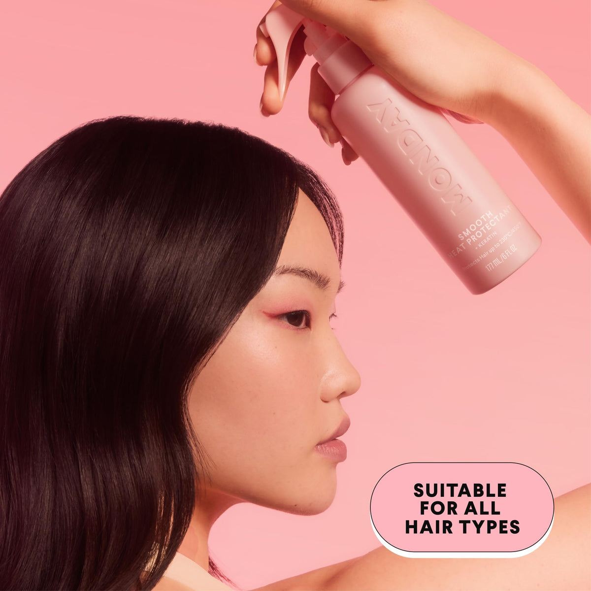 MONDAY HAIRCARE sprayed on hair prior to flat iron for smoother finish