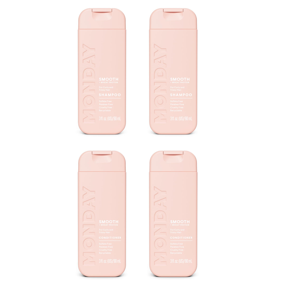 MONDAY HAIRCARE smooth dual set front view showing travel-sized bottles and labels for easy use