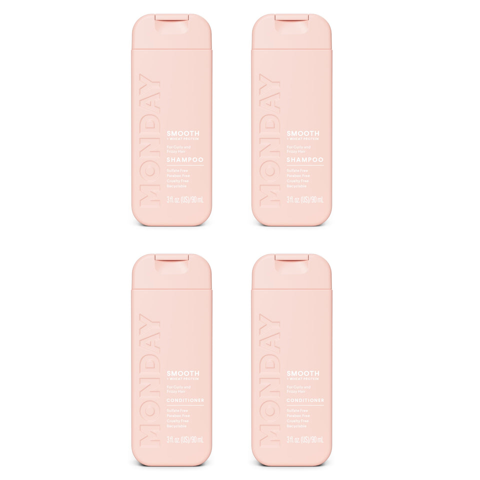 MONDAY HAIRCARE smooth dual set front view showing travel-sized bottles and labels for easy use