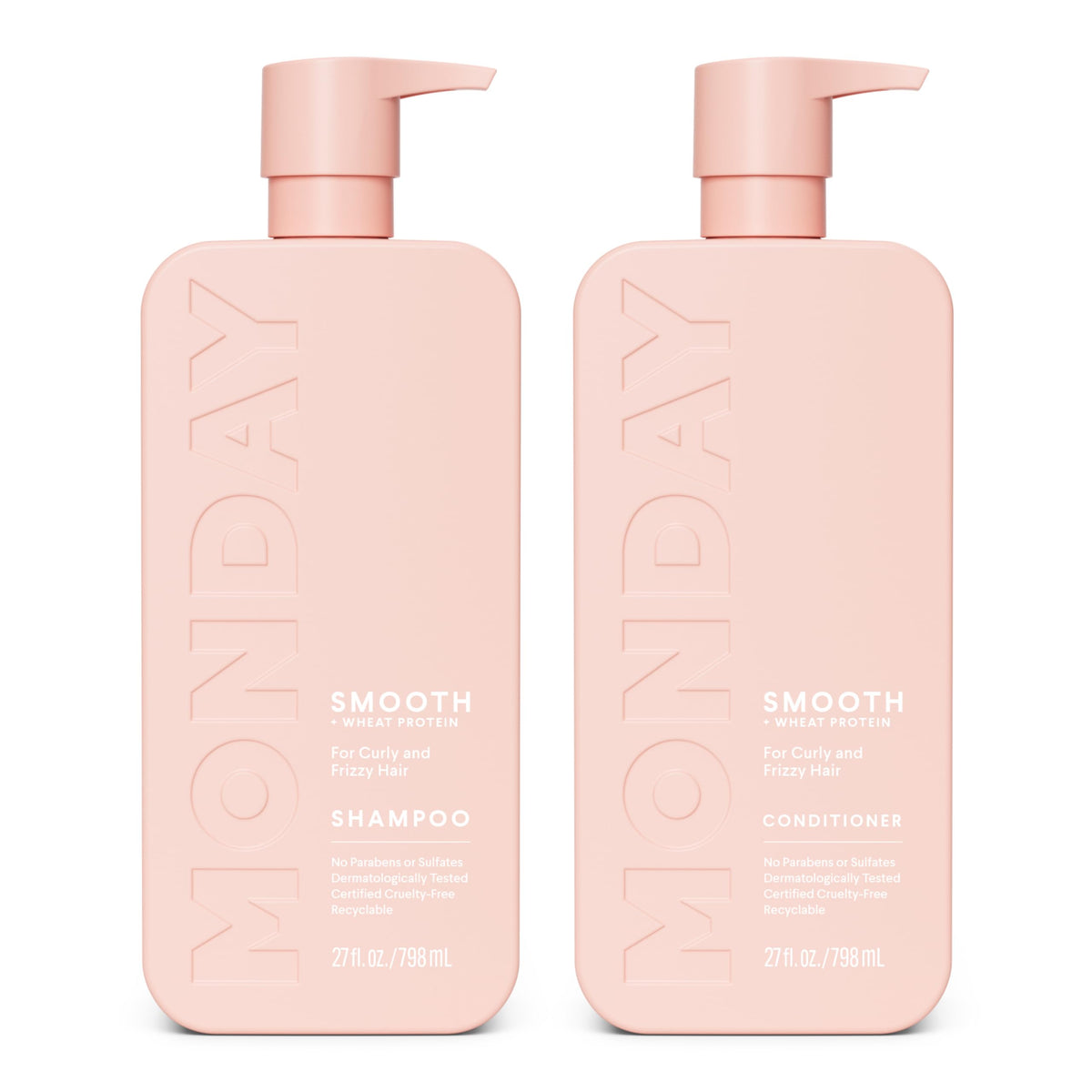 MONDAY HAIRCARE front packaging showing two smooth bottles and benefits