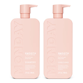 MONDAY HAIRCARE front packaging showing two smooth bottles and benefits