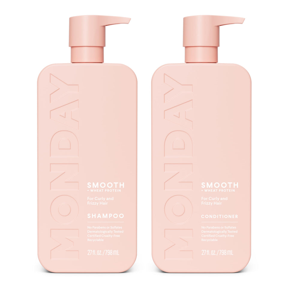 MONDAY HAIRCARE front packaging showing two smooth bottles and benefits