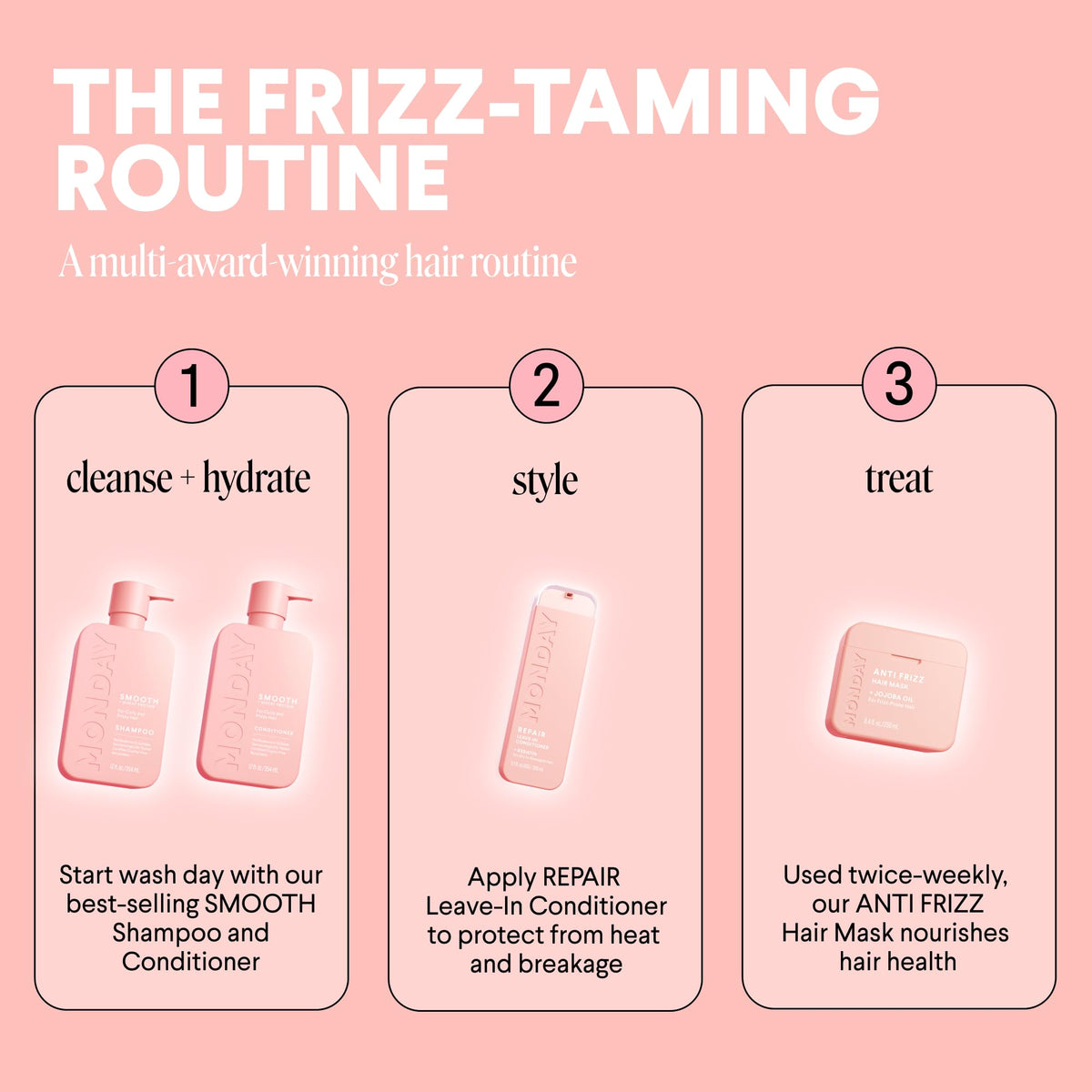 MONDAY HAIRCARE recyclable pink bottles emphasizing eco-friendly benefit