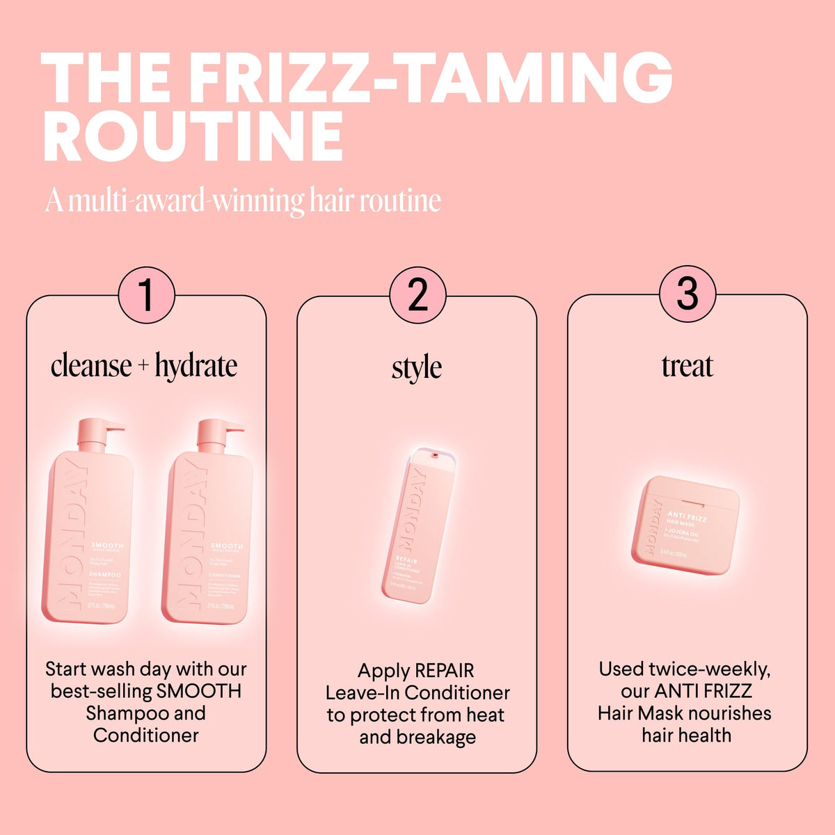 MONDAY HAIRCARE pink bottle recycled symbol highlighting eco-friendly packaging