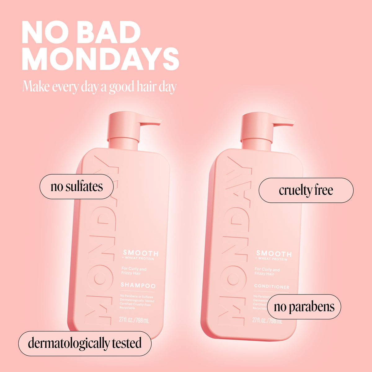 MONDAY HAIRCARE size comparison beside hand to show 27 oz scale