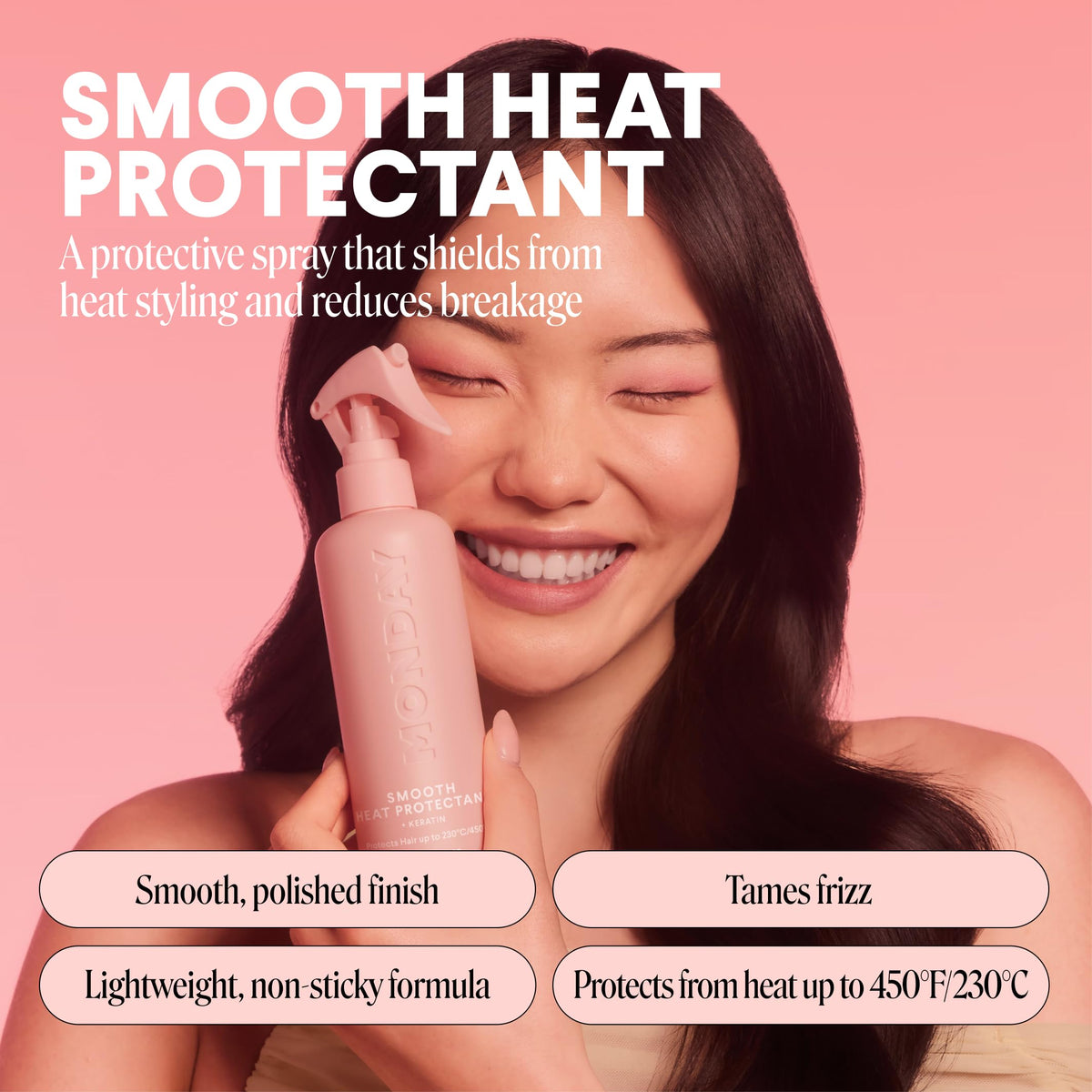 MONDAY HAIRCARE spray nozzle closeup illustrating even mist application
