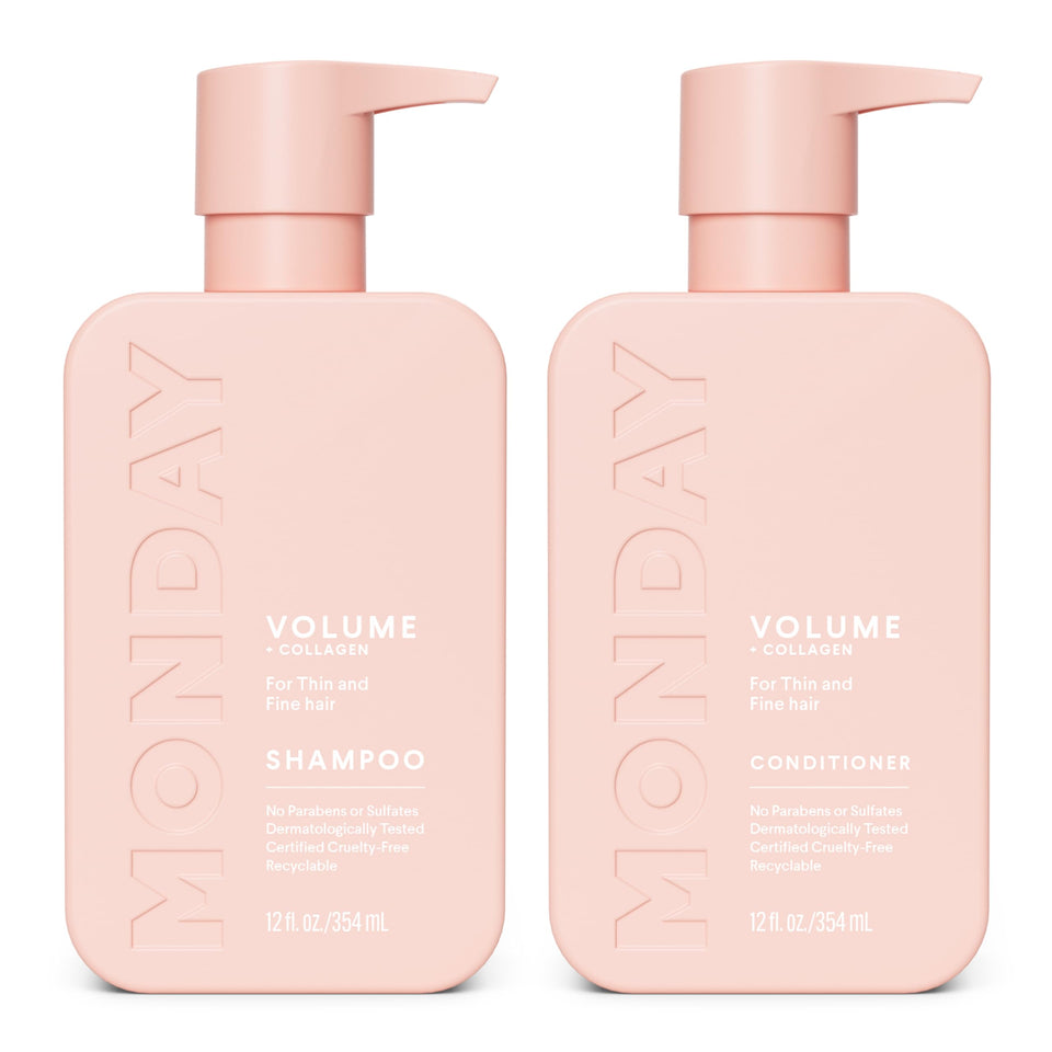 MONDAY HAIRCARE front packaging showing tidy bottles and benefits