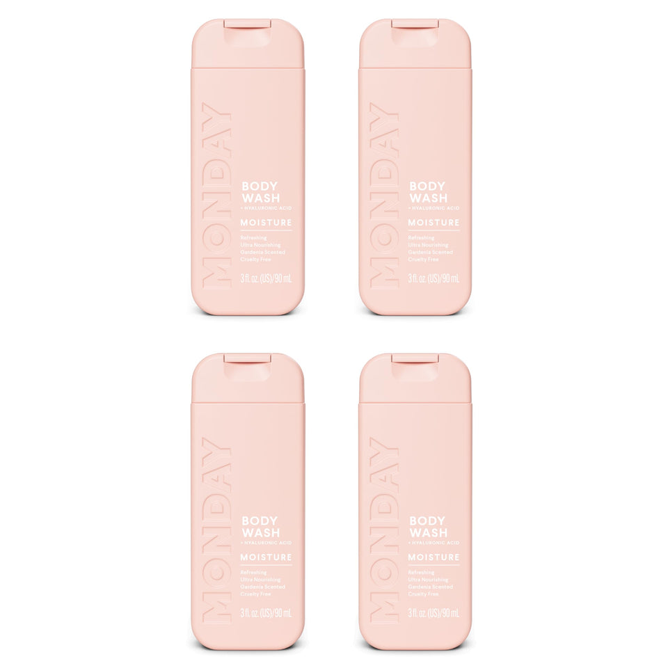 MONDAY HAIRCARE front packaging showing travel bottles and soft gardenia scent benefit