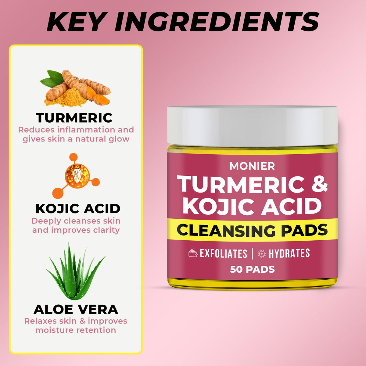 MONIER ingredients label closeup showing turmeric, kojic acid, vitamins