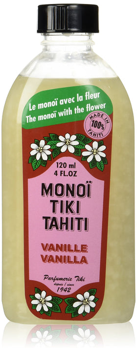 Monoi Tiare Tahiti front bottle showing label and vanilla-tiare scent benefits