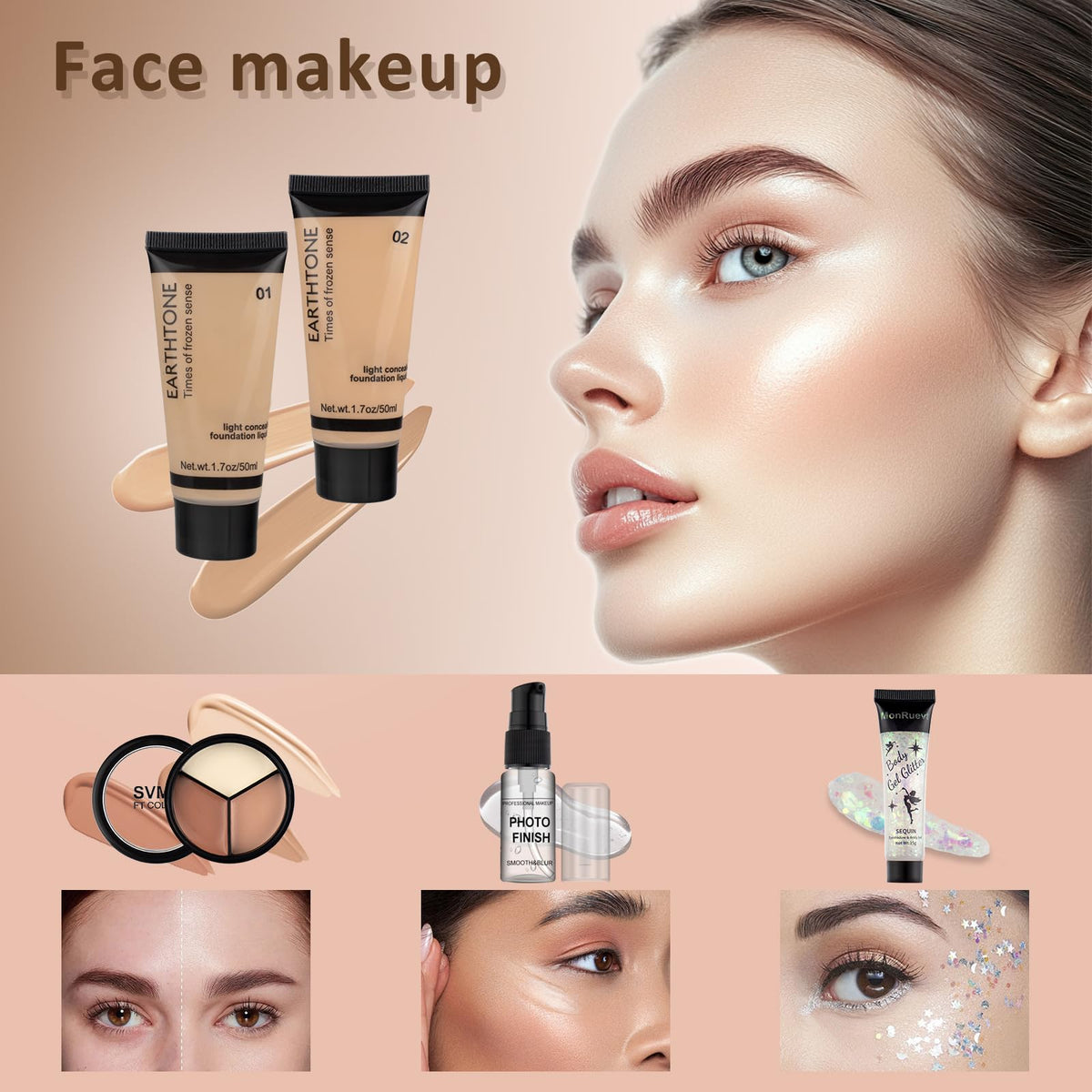 MONRUEVT lip colors and mascara arranged to show versatile finishing options
