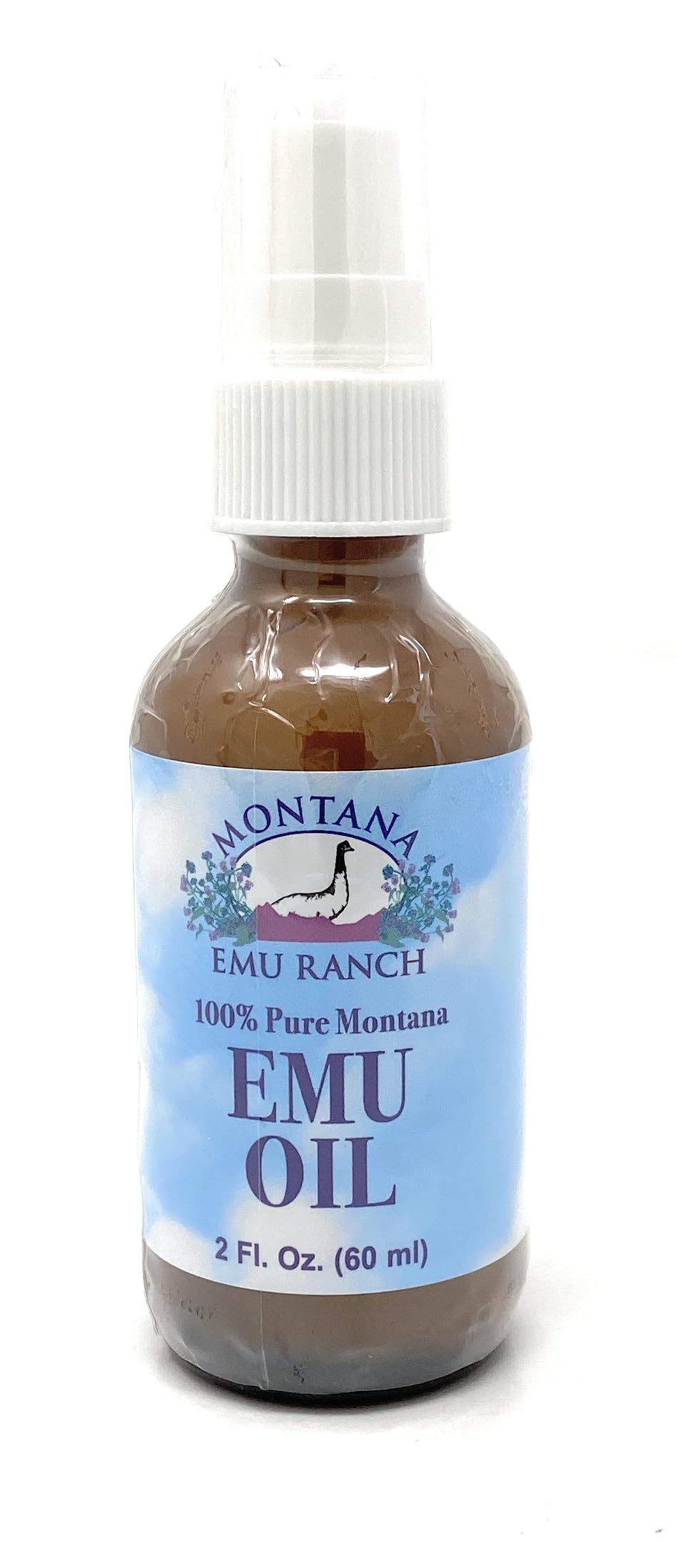 Montana Emu Ranch front bottle showing packaging and pure oil benefits