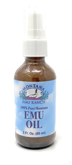 Montana Emu Ranch front bottle showing packaging and pure oil benefits