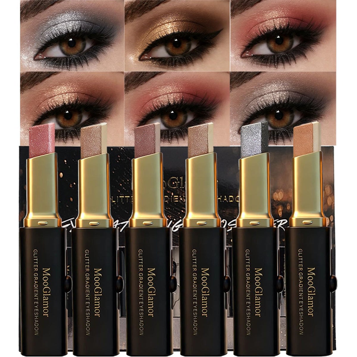 MooGlamor front packaging showing six dual-color glitter sticks and gift box benefit easy gifting