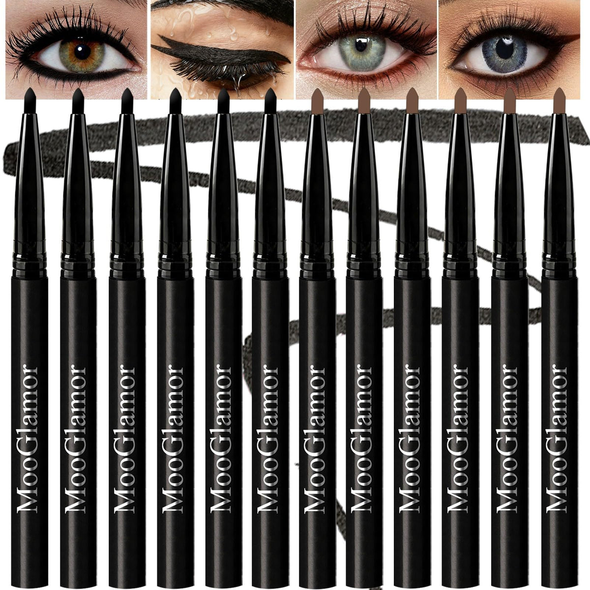 MooGlamor front packaging showing 12 retractable gel eyeliners, travel-ready convenience