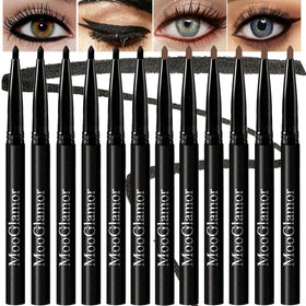 MooGlamor front packaging showing 12 retractable gel eyeliners, travel-ready convenience